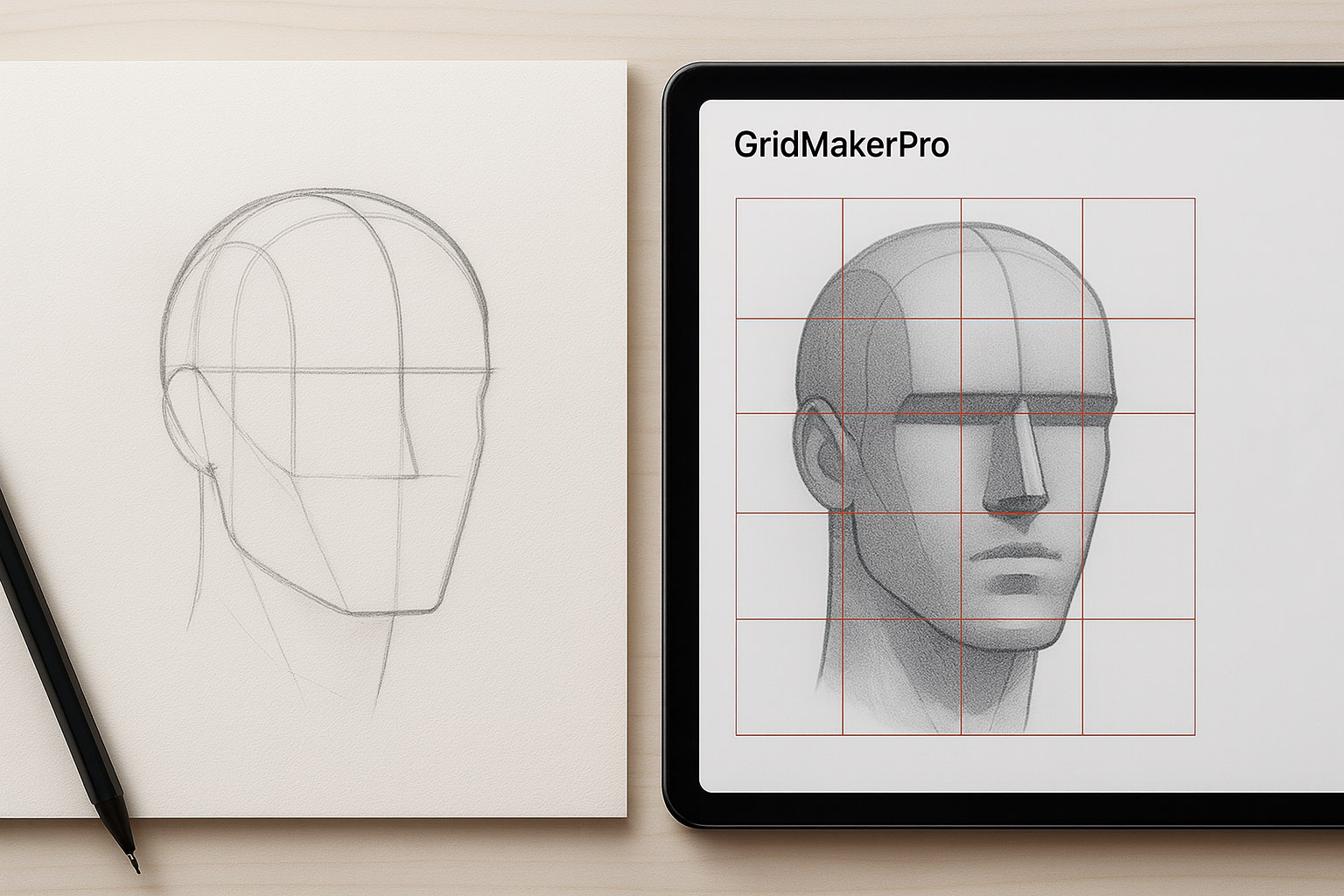Side-by-side of a Loomis head construction and the same head with a custom grid overlay in GridMakerPro.