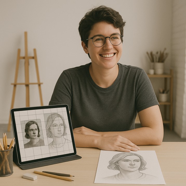 An artist proudly compares their finished drawing with the gridded reference on a tablet using GridMakerPro.