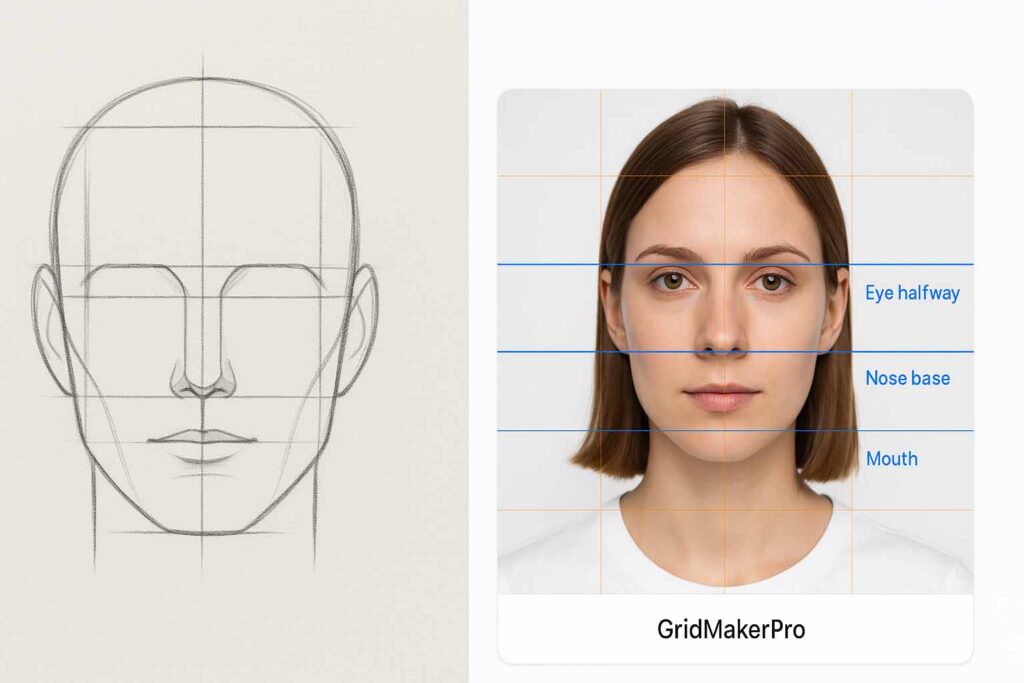 Loomis sketch beside a gridded photo reference in GridMakerPro highlighting proportional lines