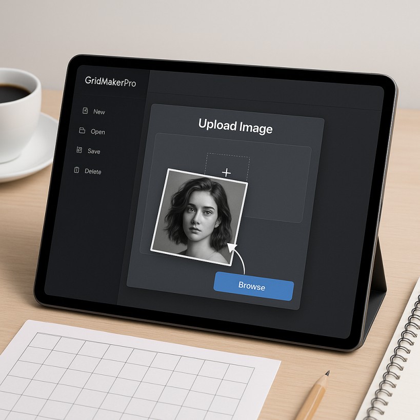 Artist uploads a portrait photo into GridMakerPro on a tablet to prepare for grid overlay.