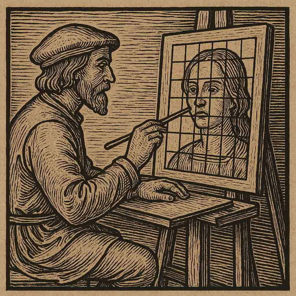 Dürer's Grid Method: The Historical Foundation of Grid Maker Pro Historic woodcut of Albrecht Dürer's grid method for drawing accurate proportions, inspiration for Grid Maker Pro's digital grid overlay tool