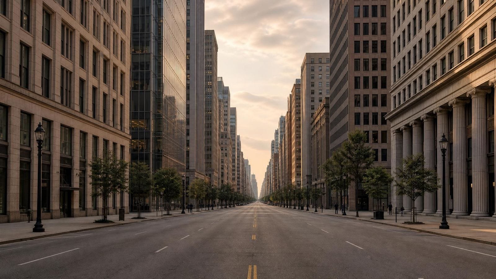 A wide city avenue receding to a single vanishing point, used as perspective-grid practice reference