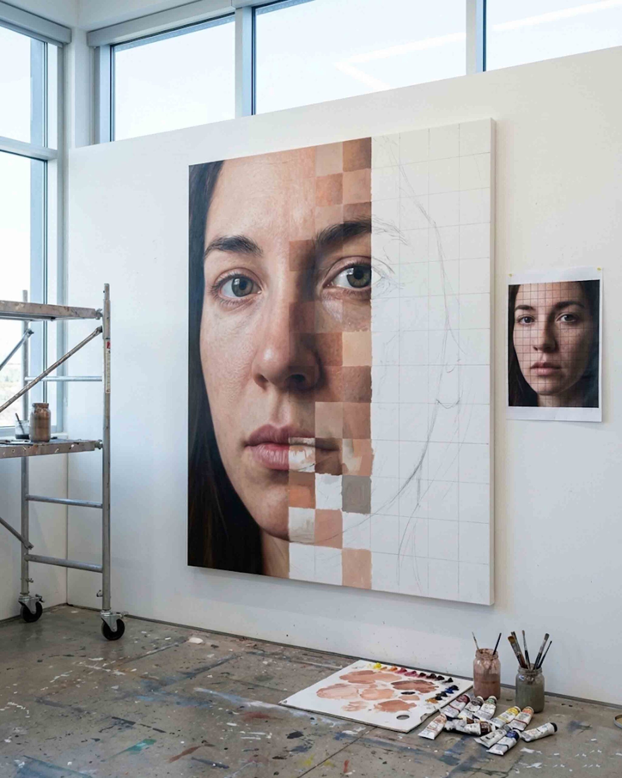 Chuck Close photorealistic grid painting