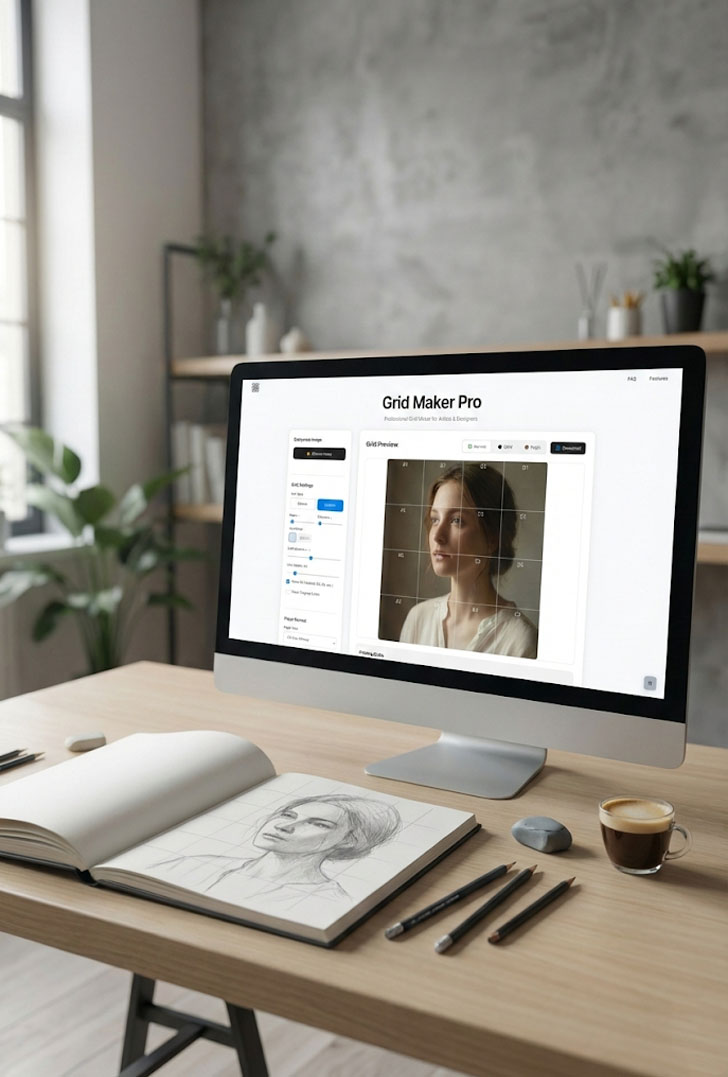 Artist using Grid Maker Pro automated overlay for composition drawing and reference