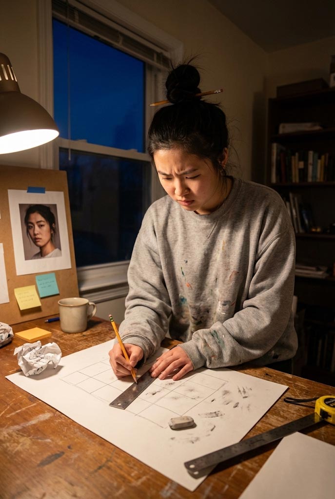 Artist working with grid method