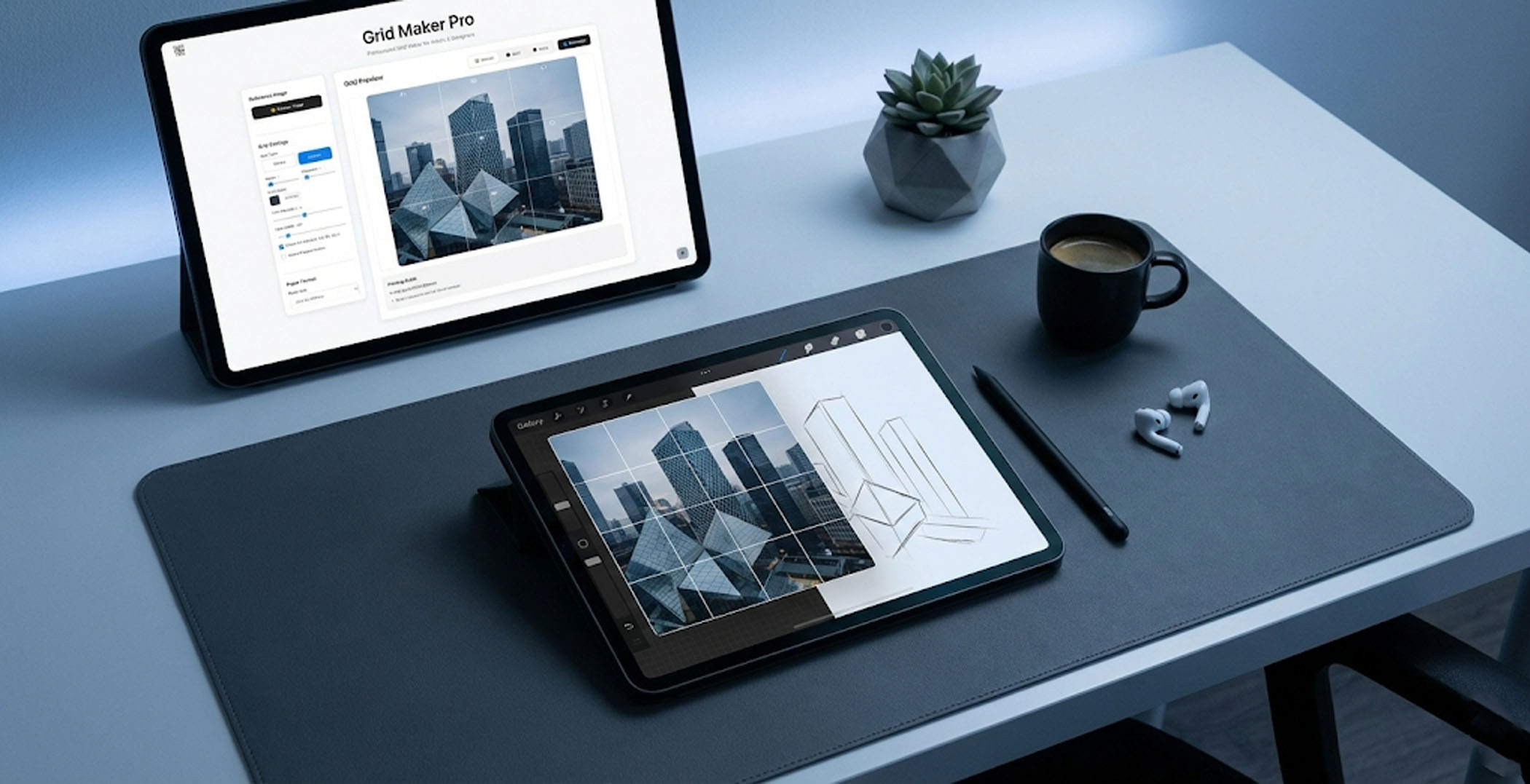 Digital artist using an iPad with a grid overlay on a reference photo