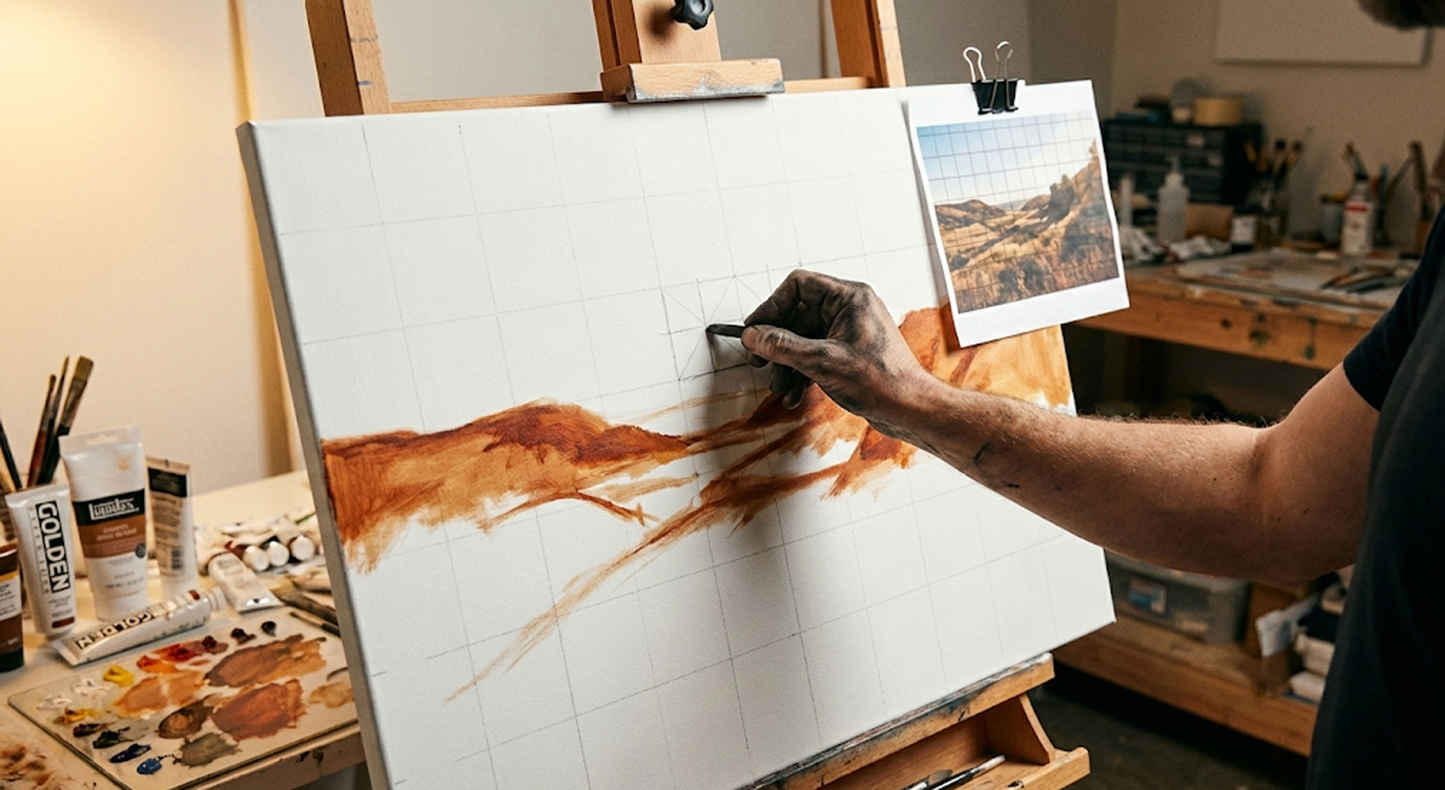 Artist transferring a grid sketch onto canvas for acrylic painting