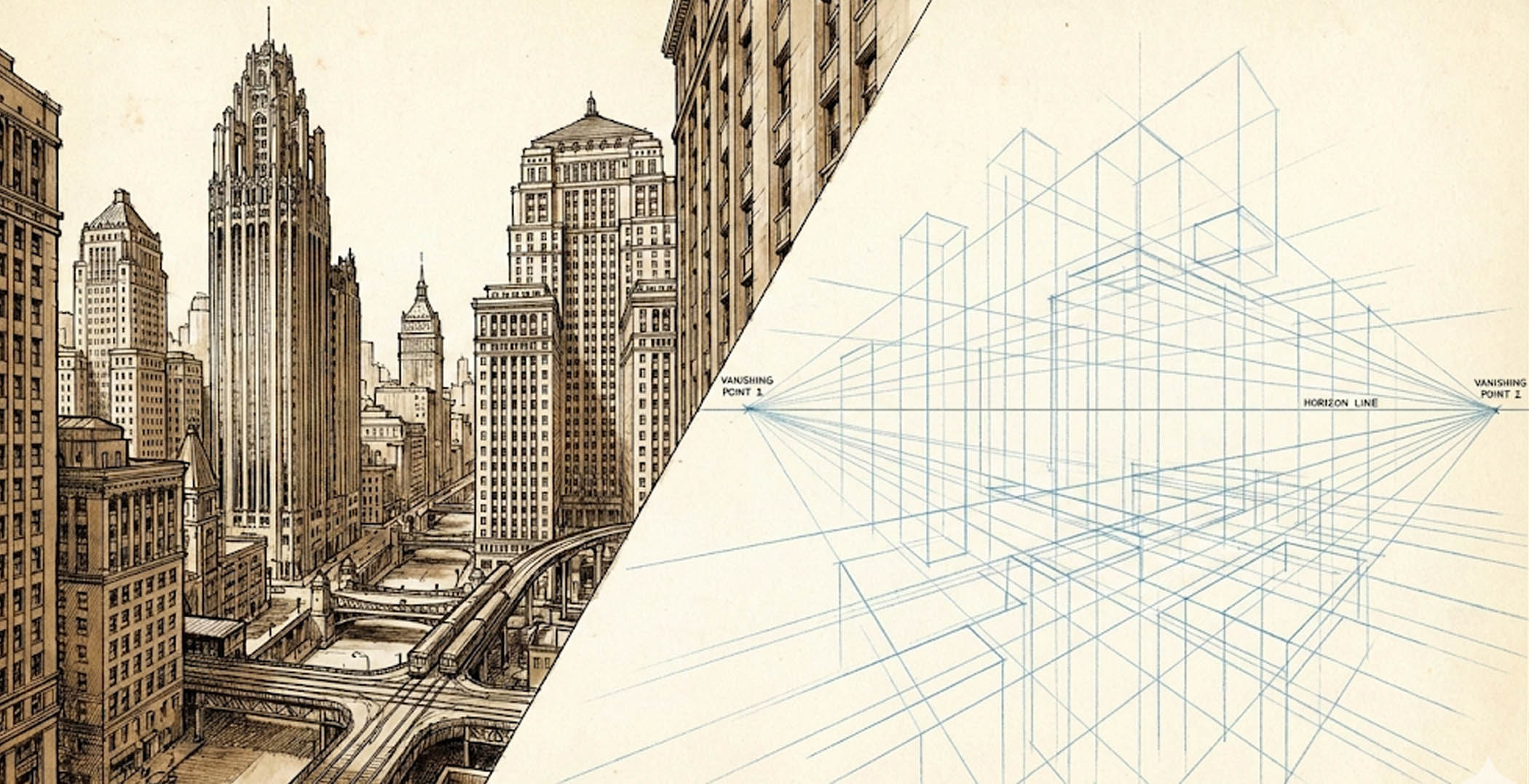 Drawing a complex cityscape using perspective grid lines