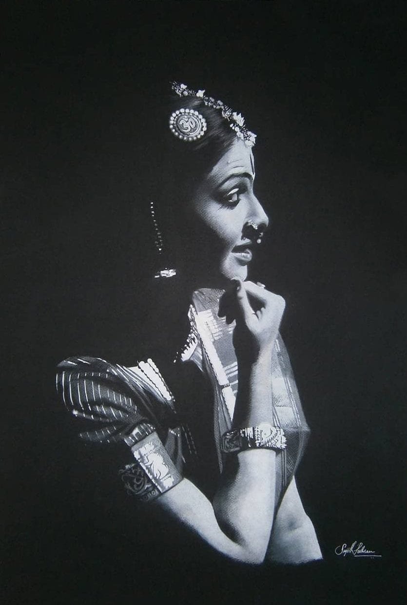 Charcoal drawing from Sujith Puthran's Bharatanatyam series — a classical Indian dancer in mid-gesture